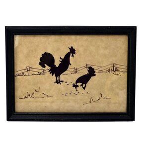 Vintage Rooster Hen Silhouette Farm Art Signed GR Framed Rustic Wall Decor